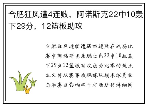 合肥狂风遭4连败，阿诺斯克22中10轰下29分，12篮板助攻